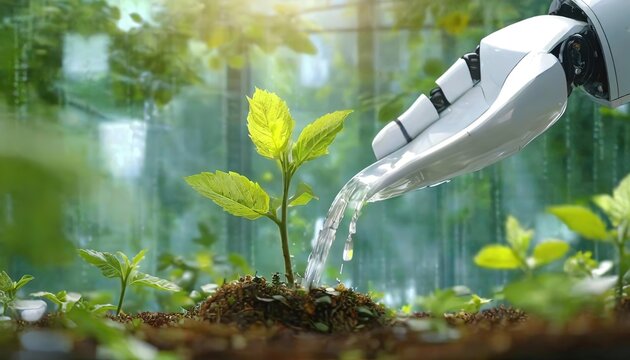 Robot hand watering a young plant - Powered by Adobe