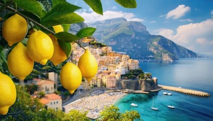 Lush lemons dangle against a quaint Amalfi Italy coastal backdrop. Citrus abundance in sunlight....