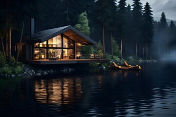 A tranquil lakeside retreat with a wooden cabin, nestled among pine trees.

