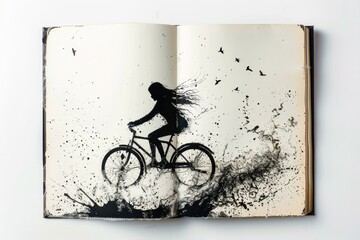 Girl riding a bike through a puddle. Black sketch, illustration on white pages of a book. 