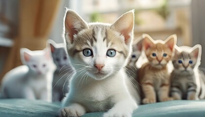 Feline Quintet: A Candid Moment with Kittens. The central kitten, white with tabby markings, looks curiously at the camera, surrounded by its various colored siblings.