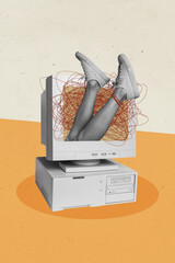 Vertical collage absurd illustration of human legs deep inside computer monitor promoting black...