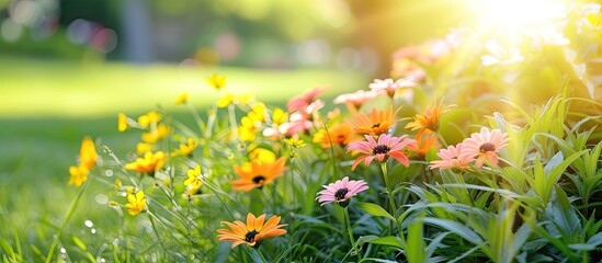 A cluster of vibrant flowers blooming amidst lush green grass under the warm morning sunlight in a natural setting.
