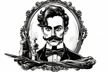 vintage male barber with stylish moustache, retro style engraving illustration on white background