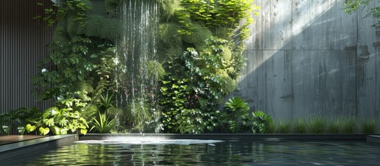 In an urban garden, a pool sits with a waterfall cascading down into it, creating a refreshing and tranquil ambiance for visitors to enjoy.