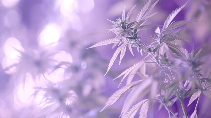 close-up cannabis bushes in lilac tones, dim lamp soft lighting, blurred background, poster, banner