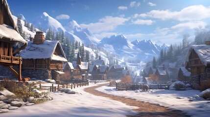 A picturesque village, created by AI, is nestled among the snow-covered hills, its charming...