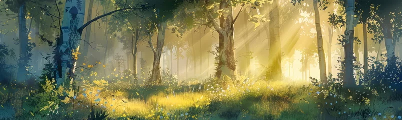 Fotobehang mystical forest glade with shafts of golden sunlight filtering through the trees, painted in enchanting watercolor hues. © Maximusdn
