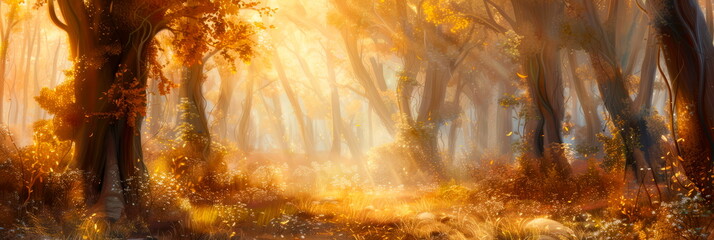 mystical forest glade with shafts of golden sunlight filtering through the trees, painted in enchanting watercolor hues.