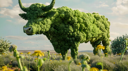 Bull made of broccoli, veganism vegetarian vegetable farm healthy food	
