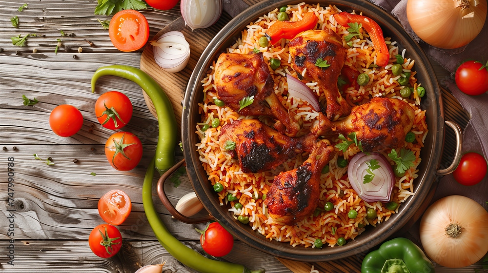 Wall mural top view chicken biryani with onions, tomatoes, green pepper in table. ramadan food - Wall murals