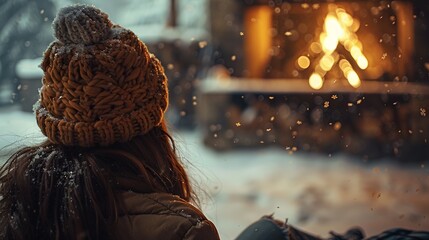 Woman Observes Snowfall in Winter Wonderland

