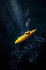 A yellow submarine exploring the deep sea 
