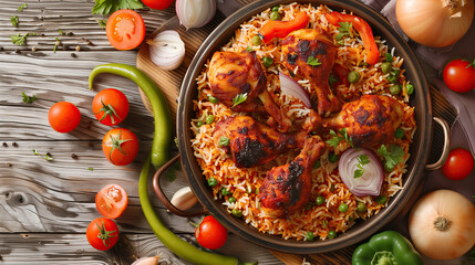top view chicken biryani with onions, tomatoes, green pepper in table. ramadan food