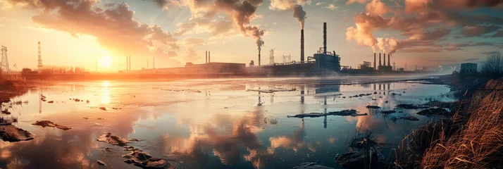 Foto op Canvas concept of environmental degradation with powerful imagery of polluted rivers and streams flowing past industrial complexes. © Maximusdn