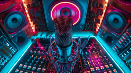 A bird's-eye view of a sleek, modern professional microphone in a high-tech recording studio. Surrounded by advanced recording equipment, neon lights, AI Generative