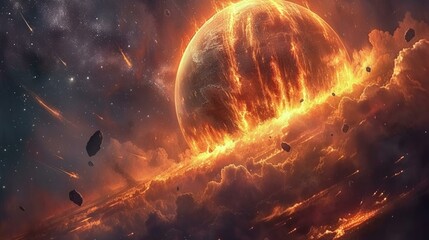 Fototapeta premium A breathtaking fantasy landscape showcasing a fiery planet engulfed in flames, AI Generative