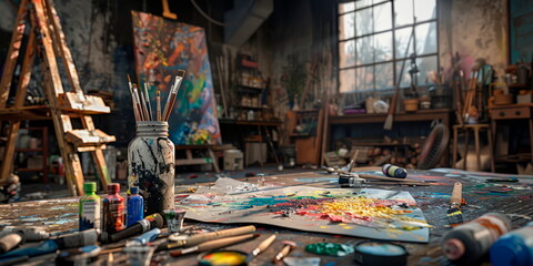 artist's studio with tubes and paints with brushes scattered around the workspace providing a glimpse into the creative process