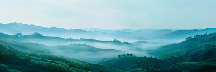 tranquility of a misty morning in the mountains - obrazy, fototapety, plakaty