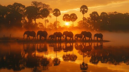 A herd of elephants gathered at a watering hole at dusk, the tranquility of the scene punctuated by the gentle sounds of drinking, a powerful image of communal life in the wild AI Generative