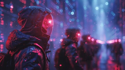 A high-tech, intense scene featuring blue and red teams in hacker-like attire, defending a network against a breach, encryption algorithms and glowing lines in the dark background, AI Generative - obrazy, fototapety, plakaty