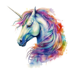 Obraz na płótnie Canvas Colorful Watercolor Style Unicorn Head Art - A dazzling watercolor-style portrait of a unicorn's head with a splash of vibrant colors and flowing mane