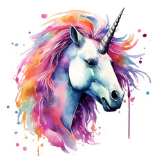 Obraz na płótnie Canvas Colorful Watercolor Unicorn Head with Splashes - An artistic watercolor of a unicorn with vibrant splashes representing creativity and imagination