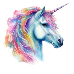 Obraz na płótnie Canvas Colorful watercolor unicorn head side portrait - Vibrant and mystical, this watercolor painting of a unicorn head explodes with a rainbow of colors