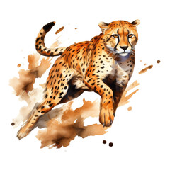 Dynamic watercolor illustration of a cheetah in mid-run with splashes of paint, isolated on transparent background.