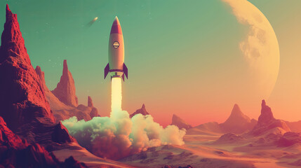 A vintage-style rocket, reminiscent of classic sci-fi, launching from an otherworldly landscape with retro colors and styling Created Using vintage sci-fi art style, pastel color, AI Generative