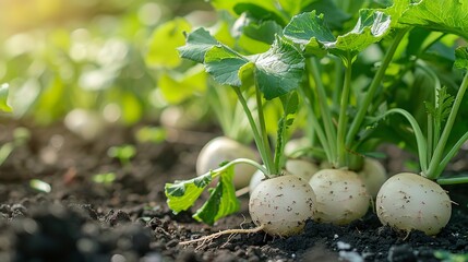 Close shot of freshly harvested white round radish in agricultural field with a big space for text or product and soils, Generative AI. - obrazy, fototapety, plakaty