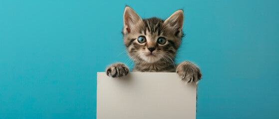 Curious Kitten Peering Over Blank Sign on Blue Background