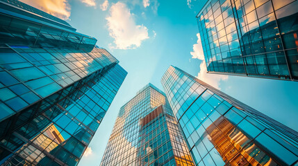 group of tall Modern office buildings with the blue sky - obrazy, fototapety, plakaty