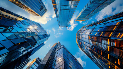 group of tall Modern office buildings with the blue sky