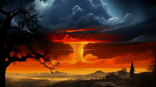 An image of a silhouette of a tree and buildings against the backdrop of a bright red sunset and a powerful nuclear explosion. Concept: nuclear explosion, symbolism, discussion of nuclear energy and i