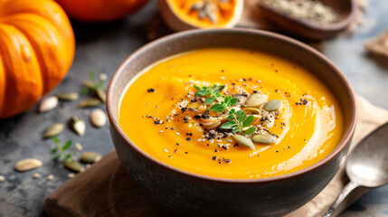 Freshly cooked vegetarian pumpkin soup --