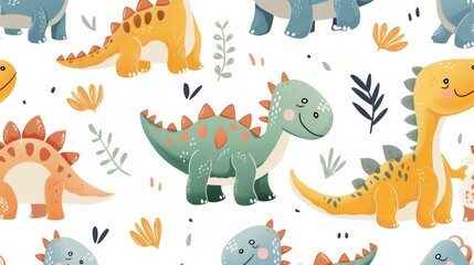 Cute and whimsical dino cartoon characters in a seamless repeat pattern, ideal for charming children room decor, bedding, AI Generative