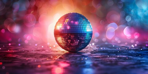 Fototapeta na wymiar Shiny disco ball reflecting colorful lights in a dark room party. Concept Disco Ball, Colorful Lights, Dark Room, Party Atmosphere