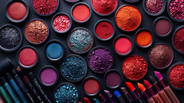 Cosmetics set top view, colorful and comprehensive makeup array, detailed texture, gentle ambient lighting AI Generative