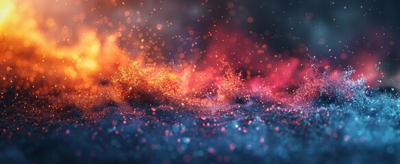 Vibrant abstract background with swirling particles fiery orange and cool blue hues