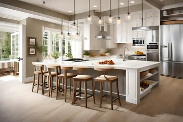 A kitchen featuring a breakfast bar illuminated by pendant lights, creating an inviting space for casual dining. - obrazy, fototapety, plakaty