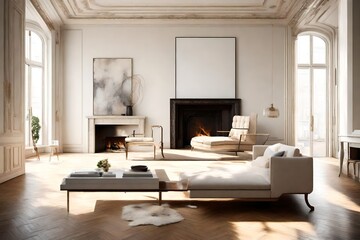 A sunlit living room with a modern sofa and a blank frame hanging above the fireplace.