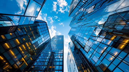 group of tall Modern office buildings with the blue sky