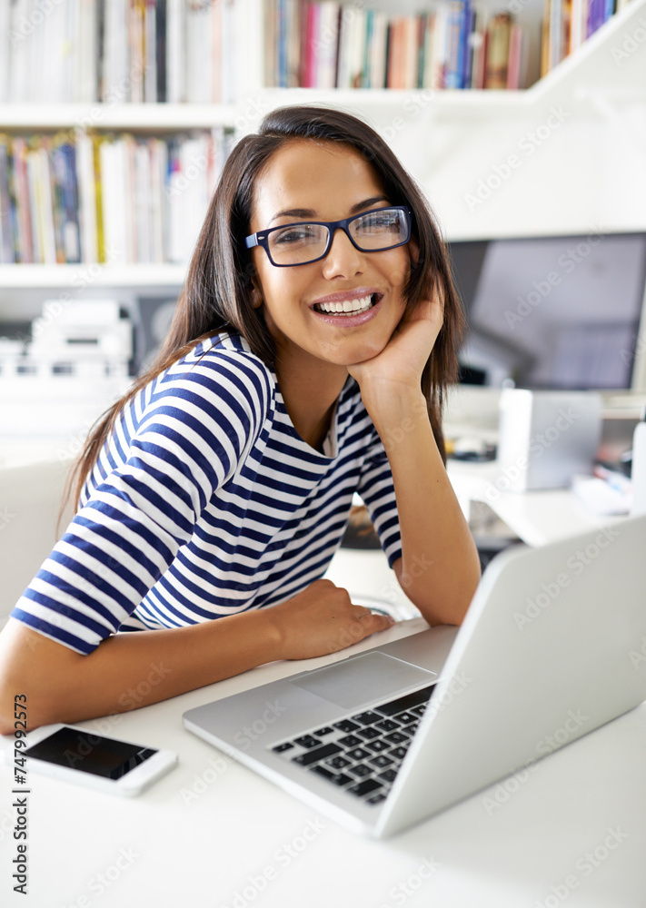 Canvas Prints Portrait, happy woman and student on laptop in home for remote learning, study or distance education. Face, glasses and smile of person on computer for knowledge, internet and tech on desk in Brazil