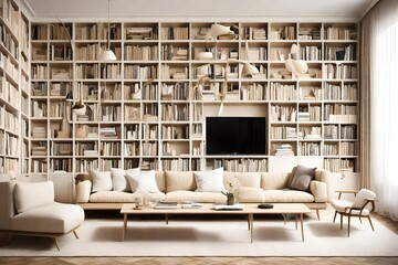 A minimalist cream-colored bookshelf showcasing carefully curated decor and literature, adding a touch of warmth to a bright and airy living room setting.