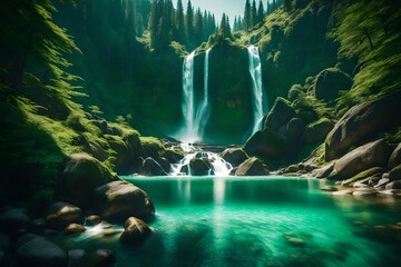 A tranquil scene capturing the harmony of waterfalls cascading down lush, emerald mountains bathed in sunlight.