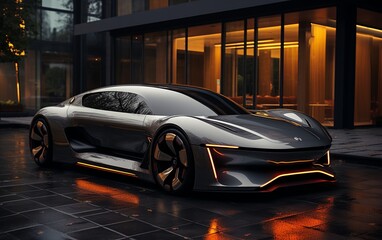 Futuristic car in front of a modern house in Night