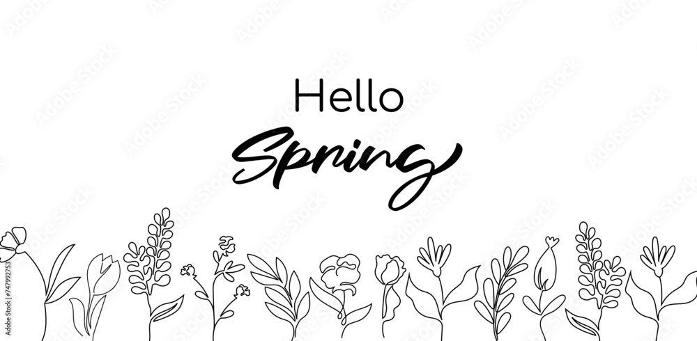Wall mural hello spring line art banner with elegant flowers. - Wall murals