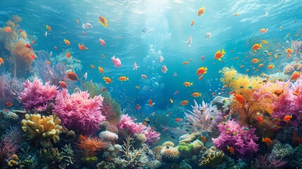 Fototapeta na wymiar Diverse underwater ecosystem, a coral reef sanctuary, with myriad fish species in harmony, the clarity of the ocean allowing a glimpse into this vibrant, AI Generative