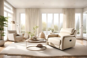 A serene living room boasting a cream-colored recliner positioned to capture the essence of natural light, offering a peaceful retreat within a stylish interior.